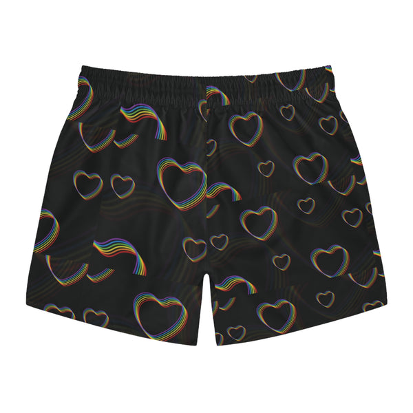 Colorful Heart Swim Trunks, Trendy Beachwear, Summer Swim Shorts, LGBTQ+ Pride Apparel, Vacation Essentials, Fun Poolside Style