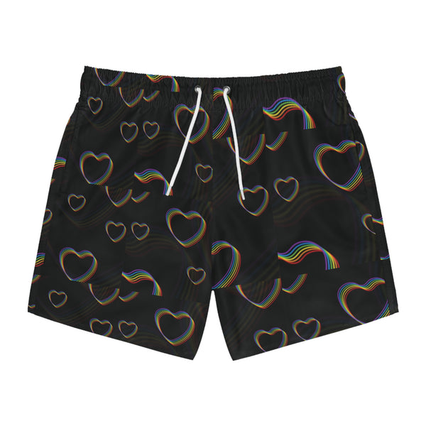 Colorful Heart Swim Trunks, Trendy Beachwear, Summer Swim Shorts, LGBTQ+ Pride Apparel, Vacation Essentials, Fun Poolside Style